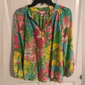Lilly Pulitzer Vibrant Floral Silk Blouse - Pink, Green, Yellow, Blue